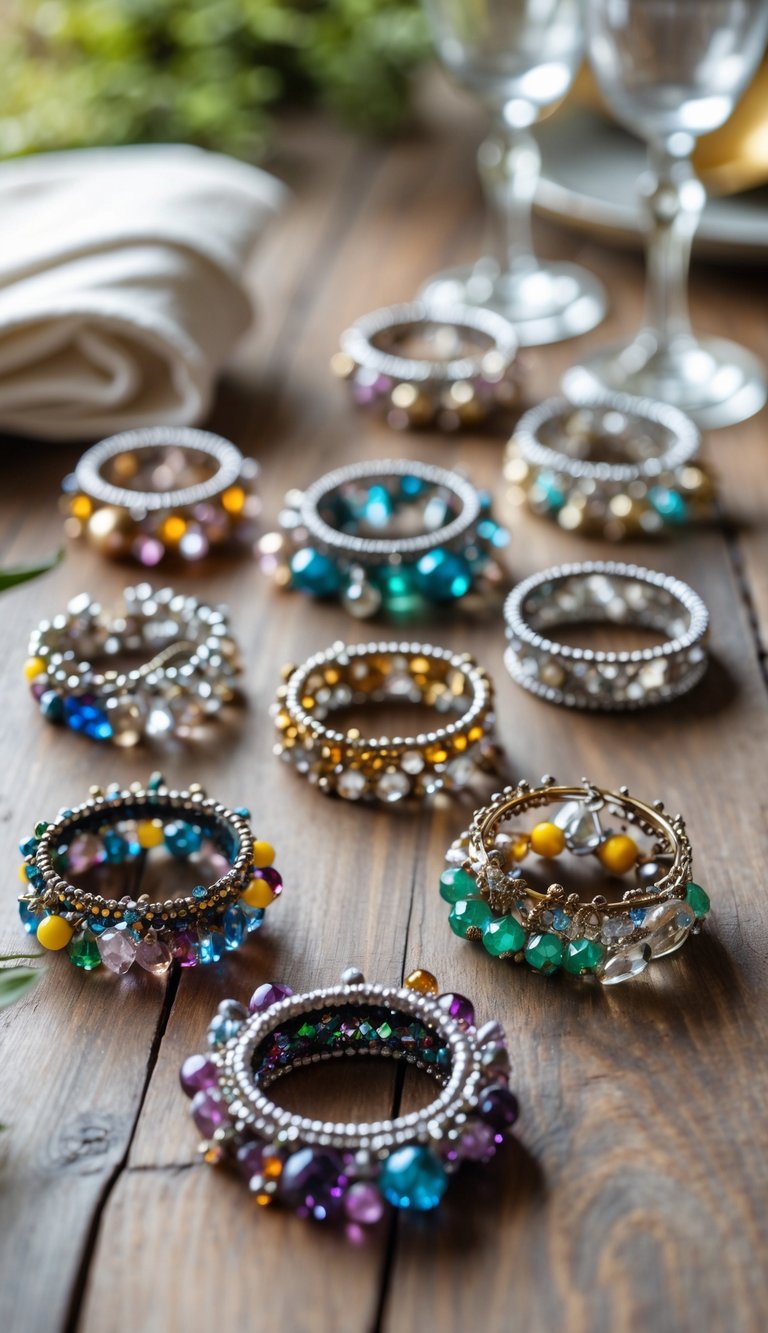 A collection of napkin rings made from repurposed broken jewelry displayed on a wooden table.